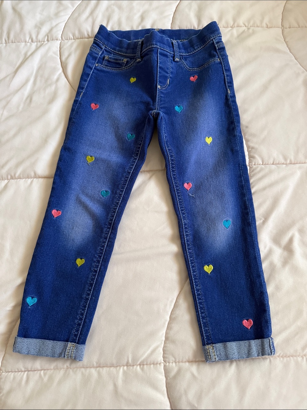 Wonder Nation Girls' Dark Blue Skinny Caprice with Colorful Heart Prints